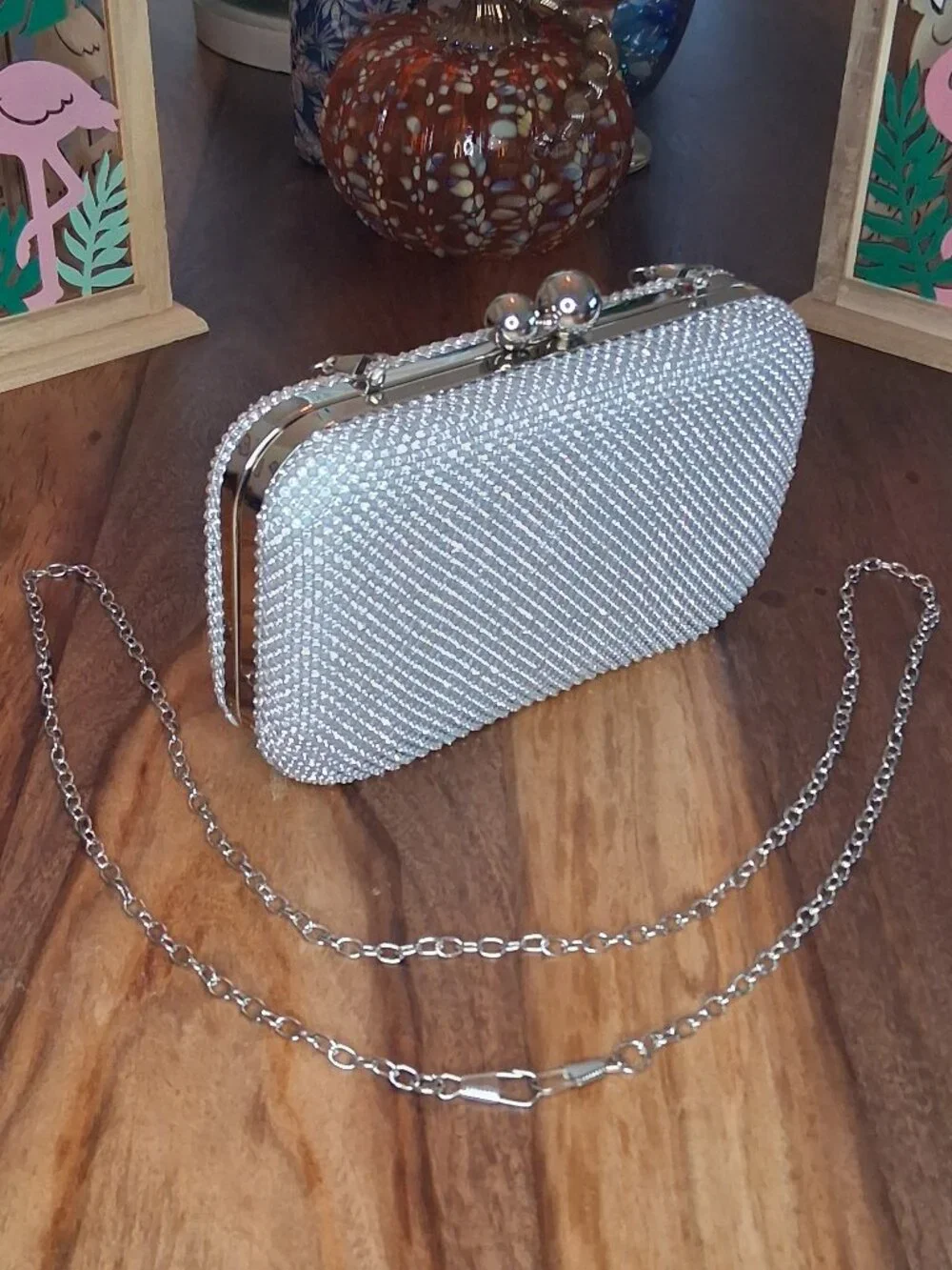 Sparkly Silver Rhinestone Hard Shell Evening Clutch Bag Crossbody Chain